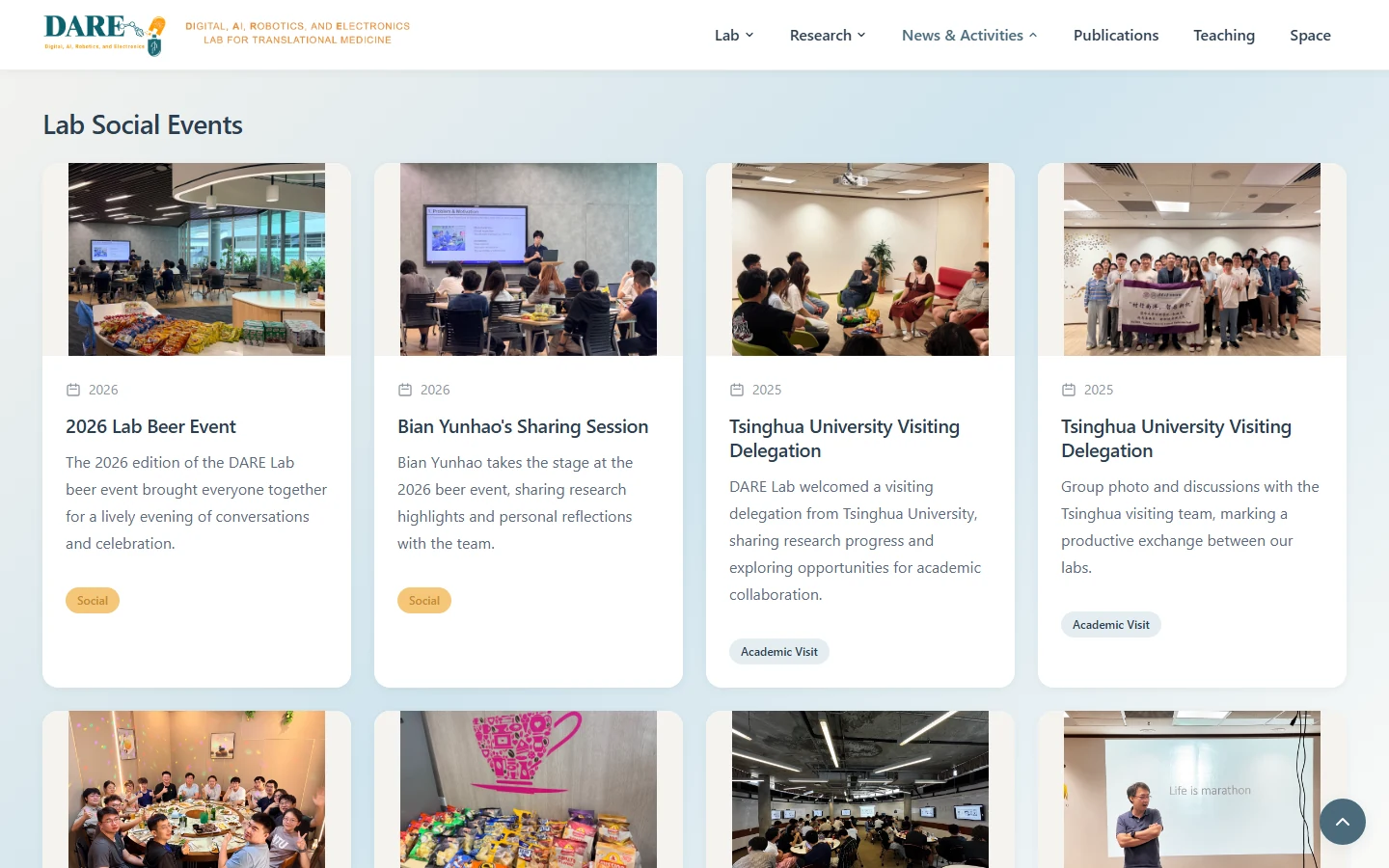 DARE Lab activity webpage with photographs of social events and visiting groups